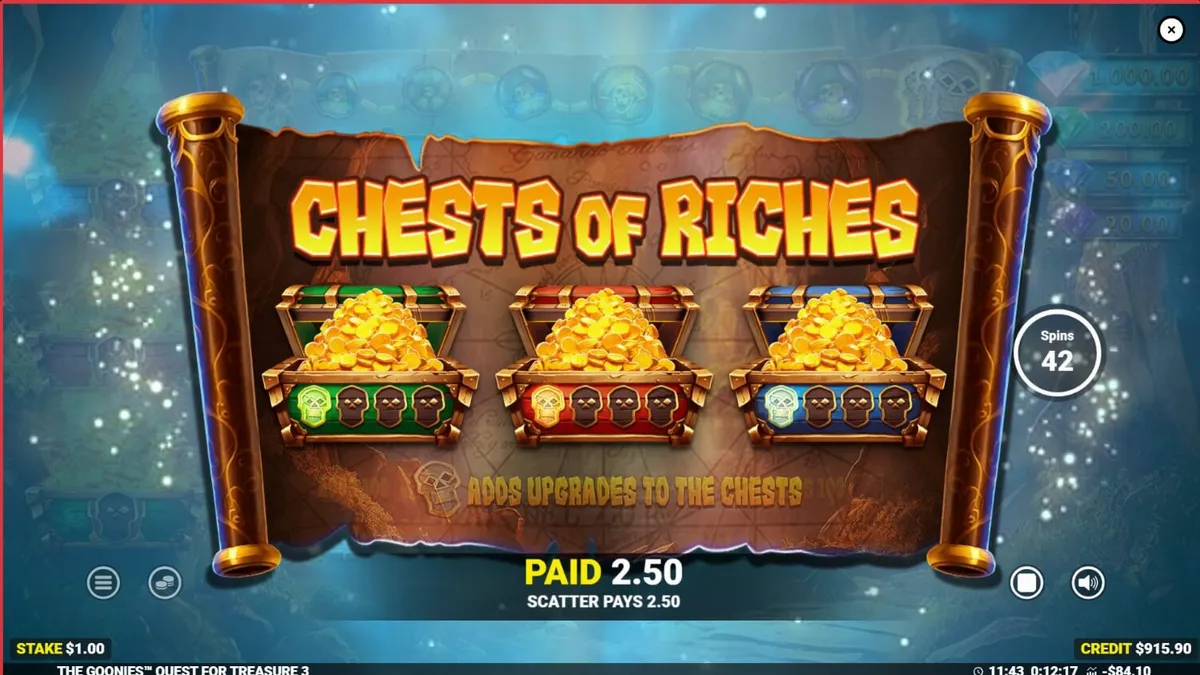The Goonies Quest for Treasure 3 slot game interface featuring iconic characters and treasure map aesthetics.