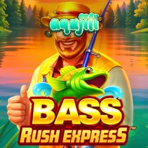 Bass Rush Express slot game interface na nagpapakita ng fishing theme at reels.